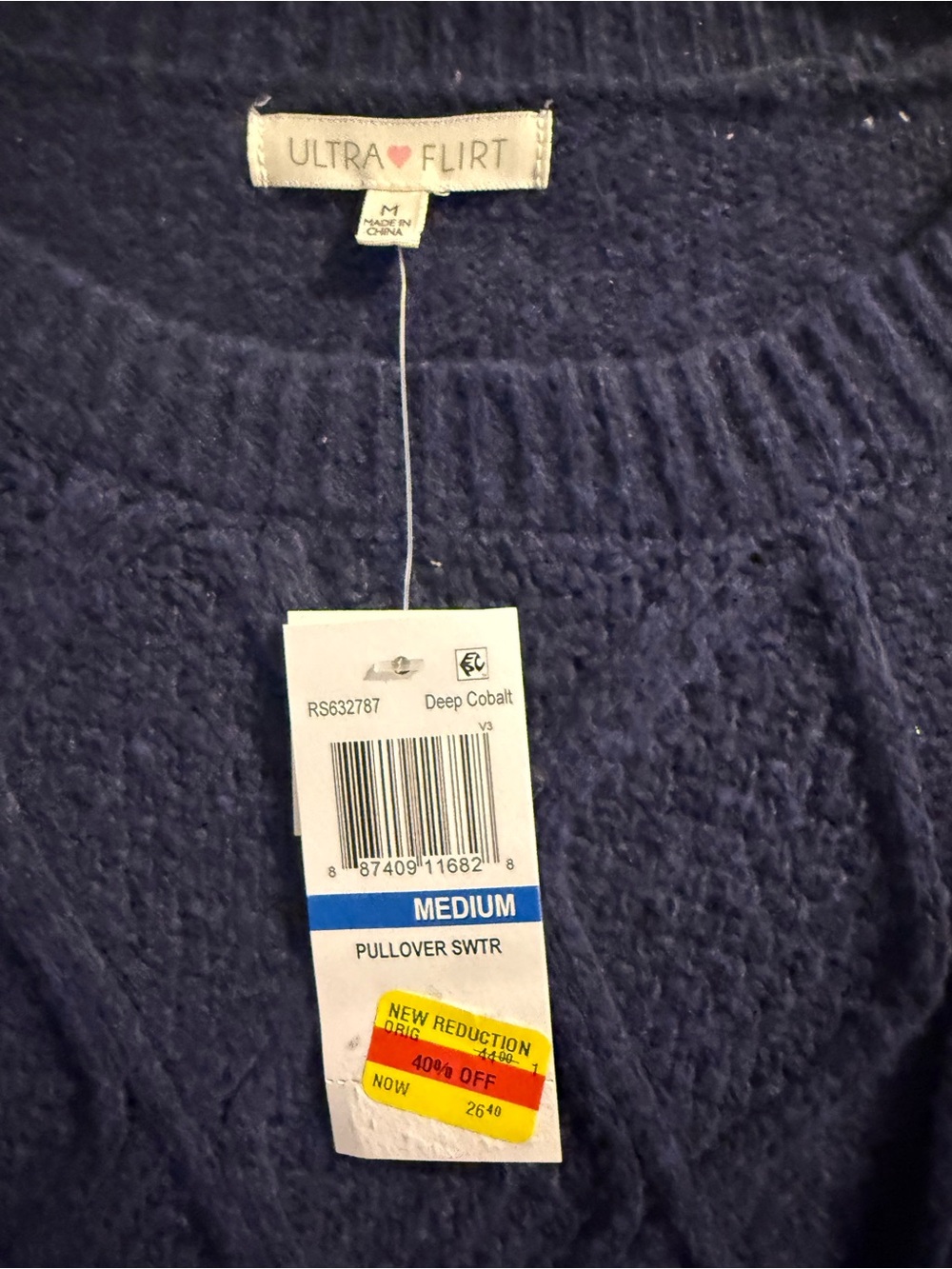 Ultra Flirt Navy Cable Crewneck Sweater New, size Med - Picture 2 of 6